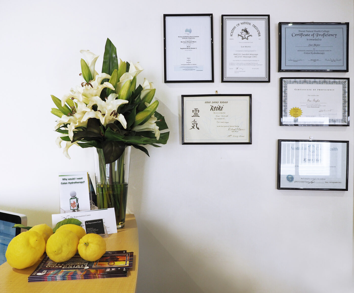 Professional nursing and colon hydrotherapy qualifications displayed at The Rejuvenation Centre
